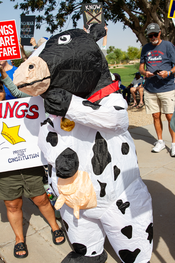 A demonstrator in an inflatable cow costume at a Goodyear Arizona No Kings political rally
