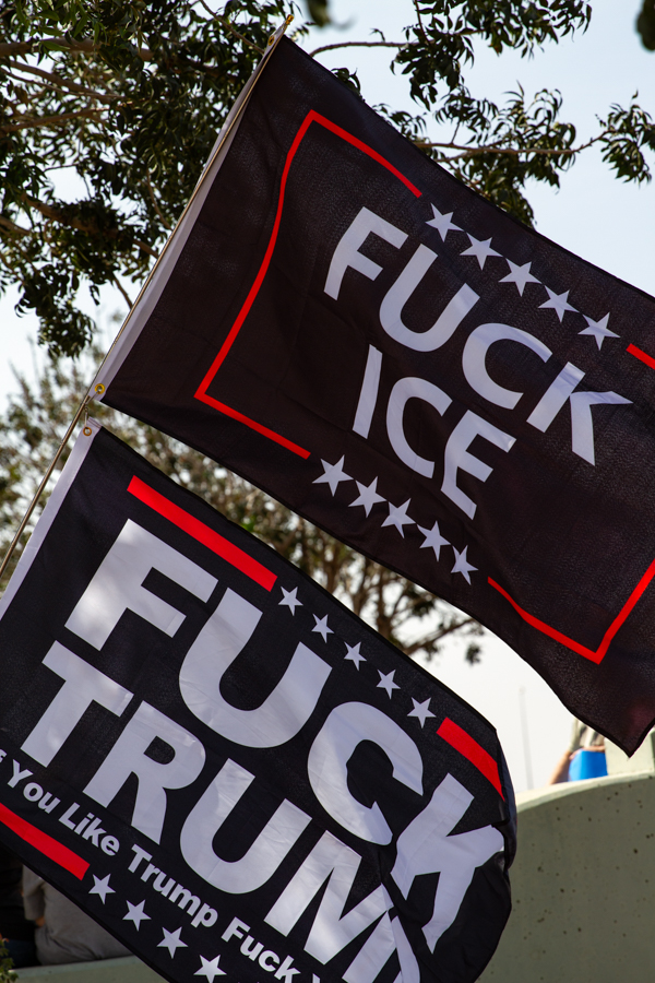 A black Fuck ICE flag stacked above a black Fuck Trump flag waving against trees at a Goodyear Arizona demonstration
