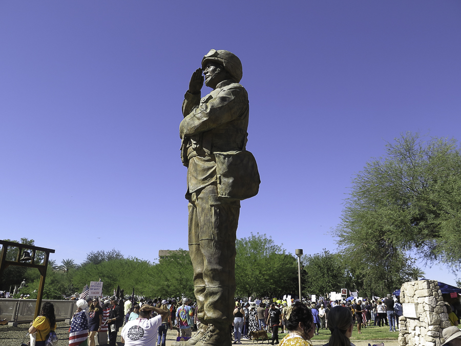 No Kings 2.0 protest crowd gathered at the Enduring Freedom soldier statue in Wesley Bolin Memorial Plaza, Phoenix