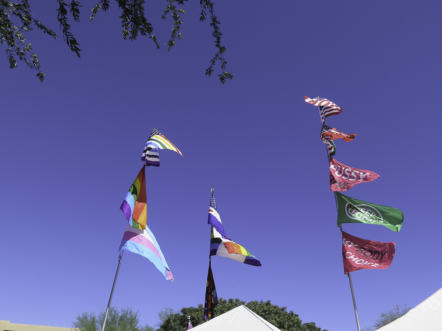 Protest and advocacy flags at Phoenix No Kings 2.0 rally featuring Pride, Transgender, and My Body My Choice banners